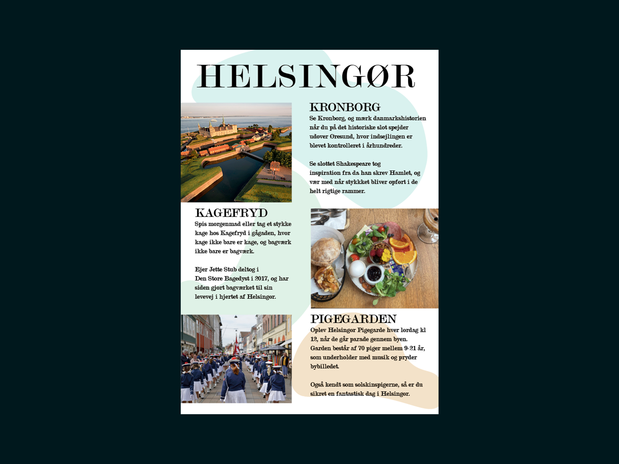 Viser rejsemagasin spread med tre billeder fra Helsingør, af Kronborg, morgenmadstallerken fra Kagefryd, og Helsingør Pigegarde
